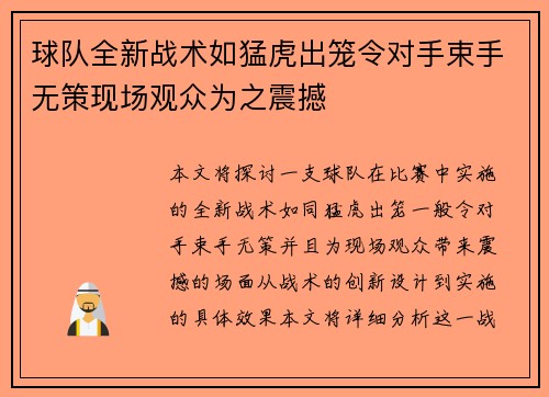 球队全新战术如猛虎出笼令对手束手无策现场观众为之震撼