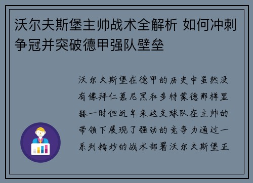 沃尔夫斯堡主帅战术全解析 如何冲刺争冠并突破德甲强队壁垒