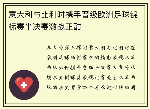 意大利与比利时携手晋级欧洲足球锦标赛半决赛激战正酣