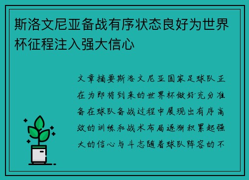 斯洛文尼亚备战有序状态良好为世界杯征程注入强大信心