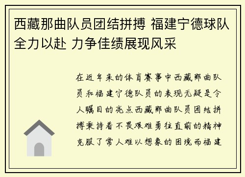西藏那曲队员团结拼搏 福建宁德球队全力以赴 力争佳绩展现风采
