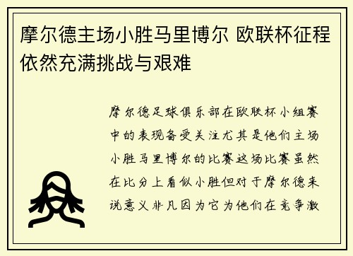 摩尔德主场小胜马里博尔 欧联杯征程依然充满挑战与艰难