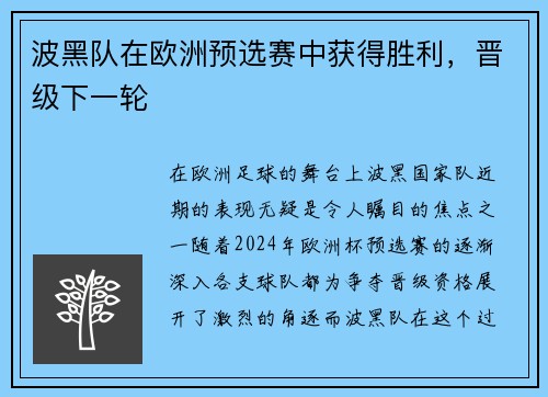 波黑队在欧洲预选赛中获得胜利，晋级下一轮