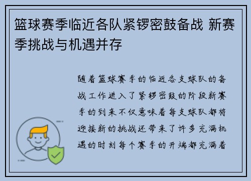 篮球赛季临近各队紧锣密鼓备战 新赛季挑战与机遇并存