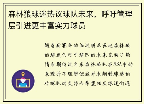 森林狼球迷热议球队未来，呼吁管理层引进更丰富实力球员
