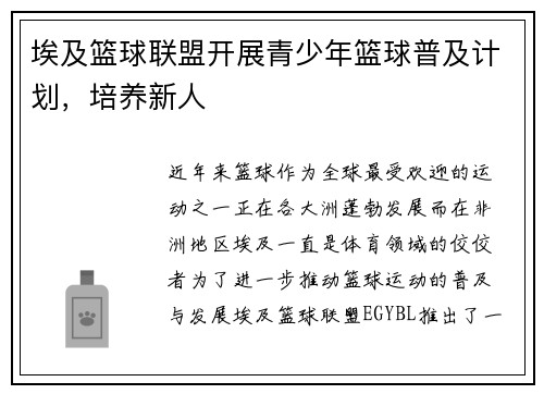 埃及篮球联盟开展青少年篮球普及计划，培养新人