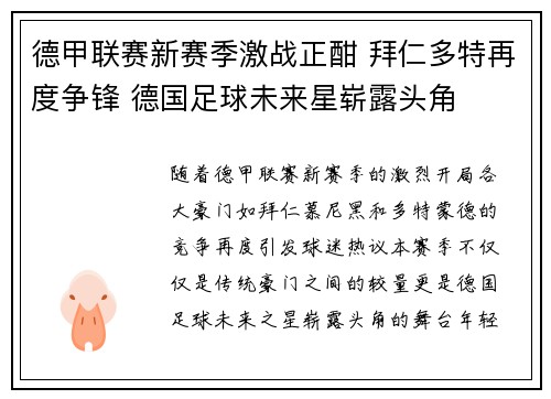 德甲联赛新赛季激战正酣 拜仁多特再度争锋 德国足球未来星崭露头角