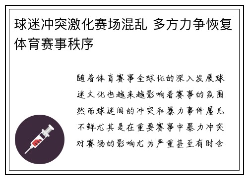 球迷冲突激化赛场混乱 多方力争恢复体育赛事秩序