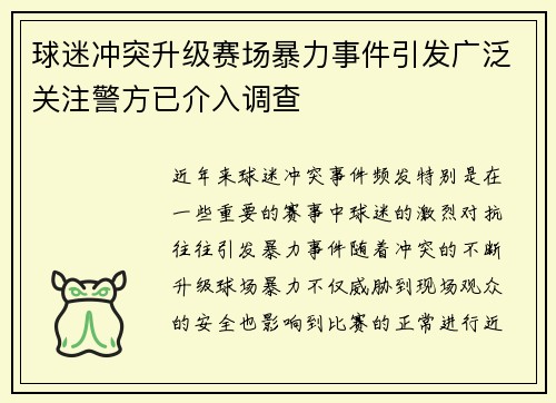 球迷冲突升级赛场暴力事件引发广泛关注警方已介入调查