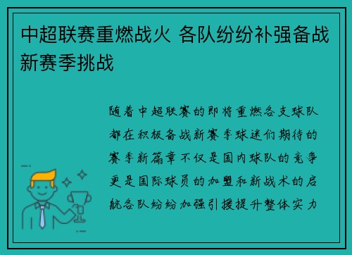 中超联赛重燃战火 各队纷纷补强备战新赛季挑战